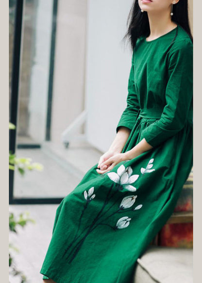 Natural Green O-neck Cinched Sashes Print Linen Dress Three Quarter Sleeve