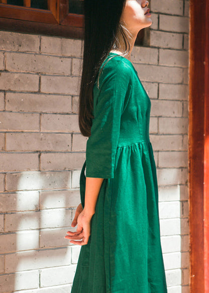 Natural Green O-neck Cinched Sashes Print Linen Dress Three Quarter Sleeve