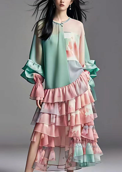 Natural Green O-neck Wrinkled Chiffon Long Cake Dress Long Sleeve