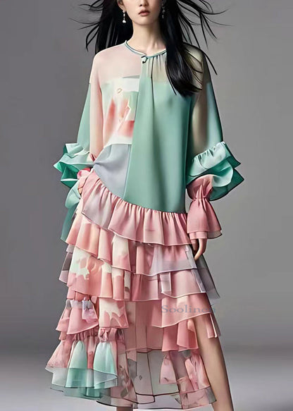 Natural Green O-neck Wrinkled Chiffon Long Cake Dress Long Sleeve