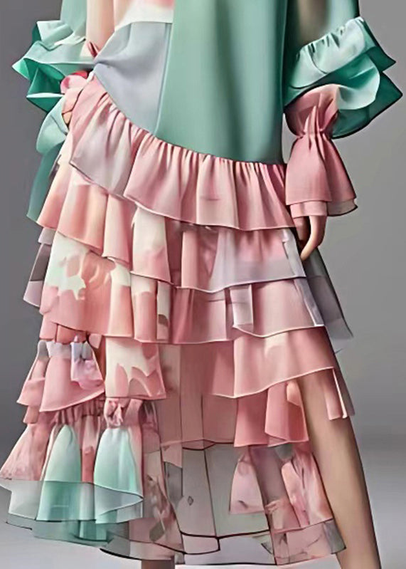 Natural Green O-neck Wrinkled Chiffon Long Cake Dress Long Sleeve