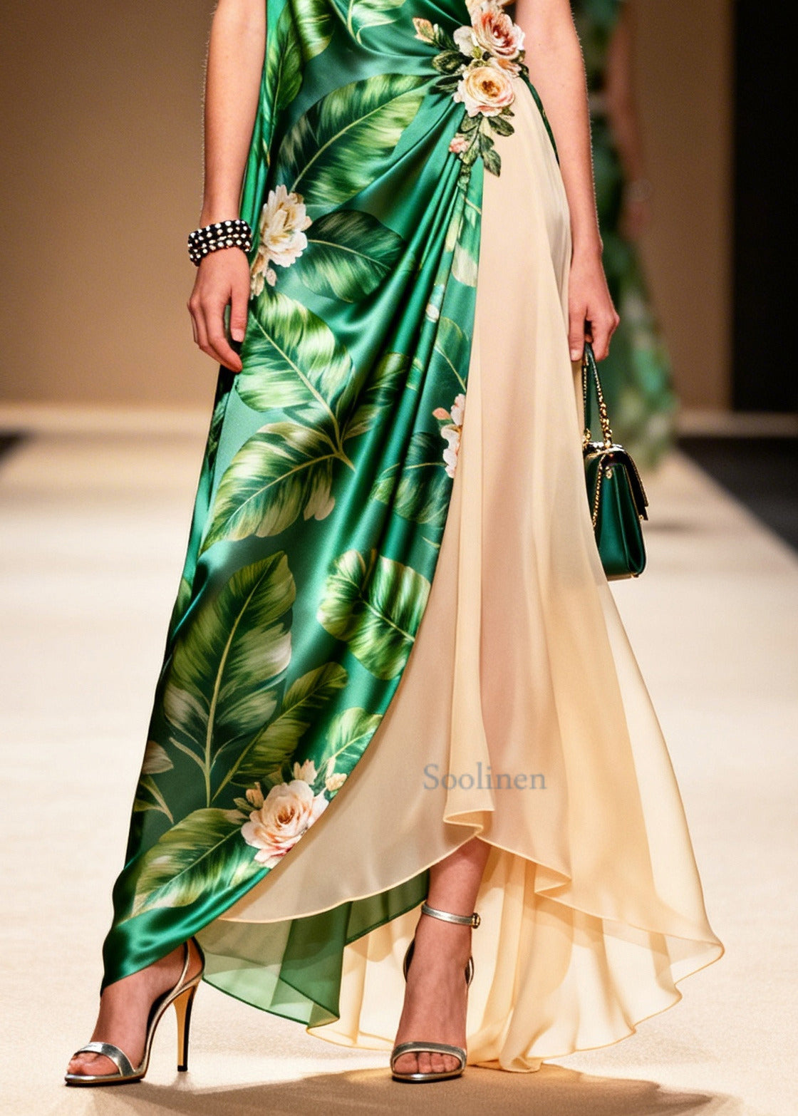 Natural Green Patchwork Flower Chiffon Vacation Dresses Sleeveless