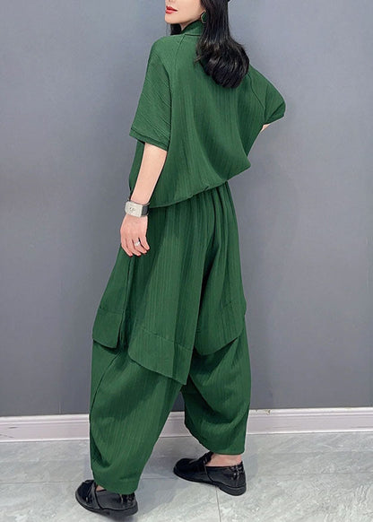Natural Green Peter Pan Collar Patchwork Tops and Pants Cotton Two Pieces Set Spring