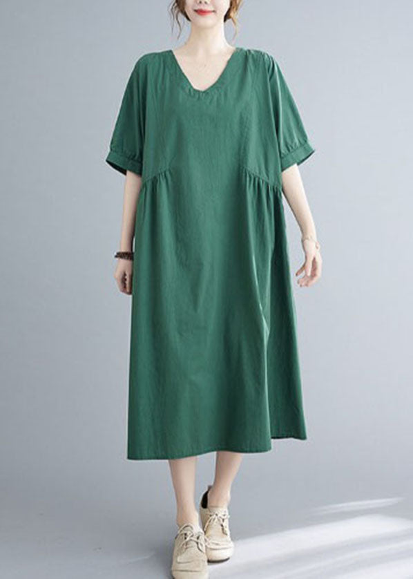 Natural Green Color Patchwork Cotton Long Dress Short Sleeve
