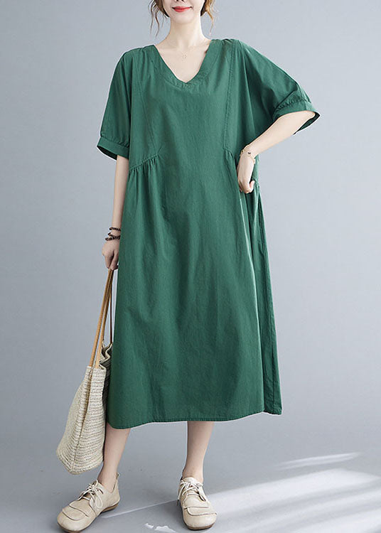 Natural Green Color Patchwork Cotton Long Dress Short Sleeve