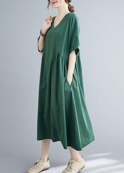 Natural Green Color Patchwork Cotton Long Dress Short Sleeve