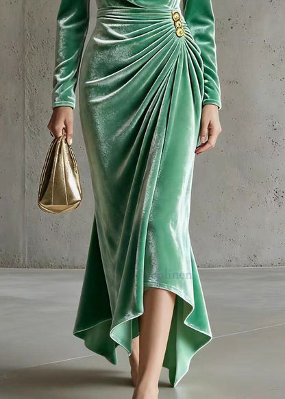 Natural Green Turtle Neck Wrinkled Silk Velvet Party Dress Spring