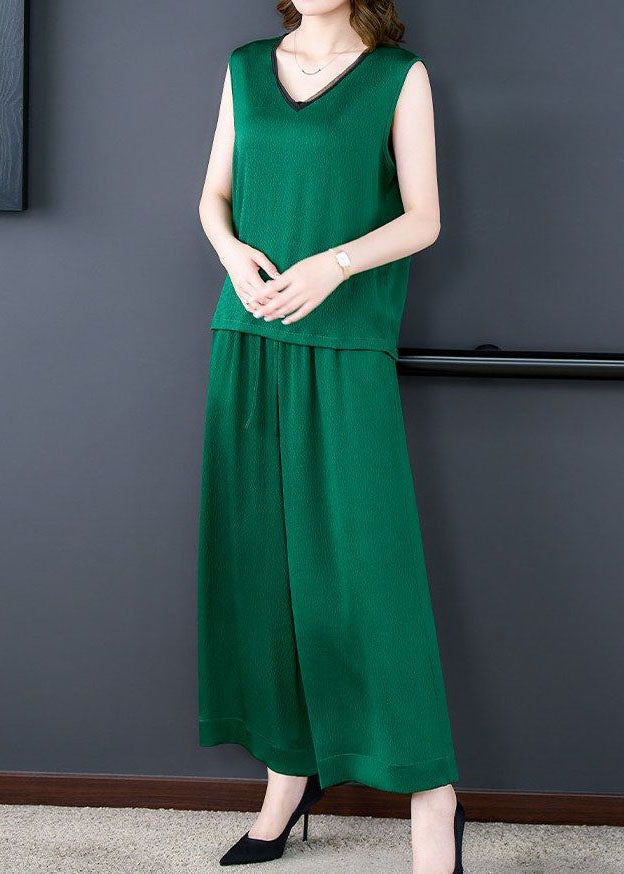 Natural Green V Neck Patchwork Silk Tops and Pants Two-piece Set Summer