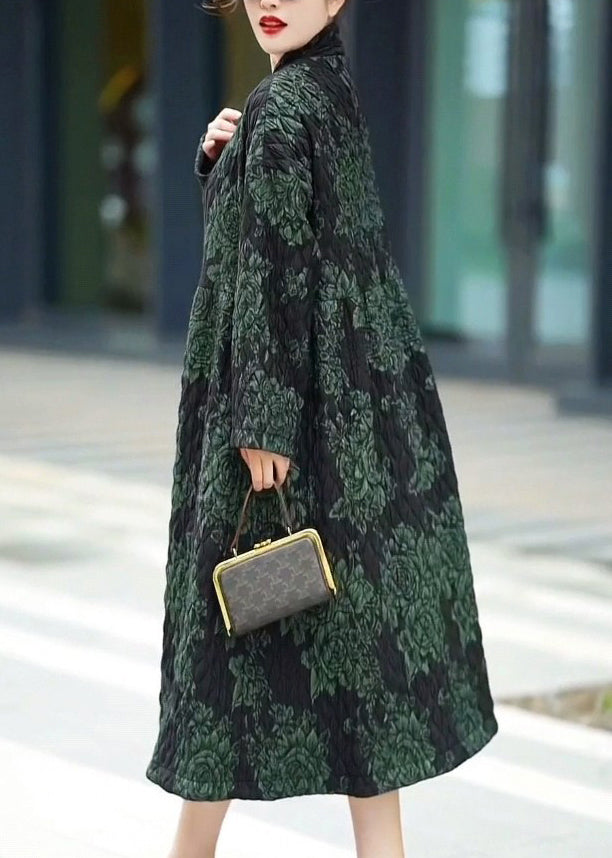 Natural Green V Neck Print Patchwork Button Long Coats Winter