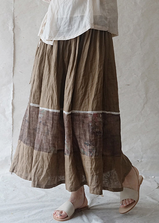 Natural Green Elastic Waist Drawstring Print Patchwork Linen Skirt Spring