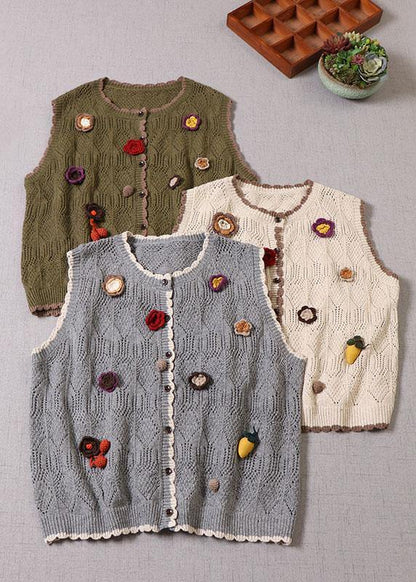 Natural Grey Hollow Out Button Fall Knit Vest