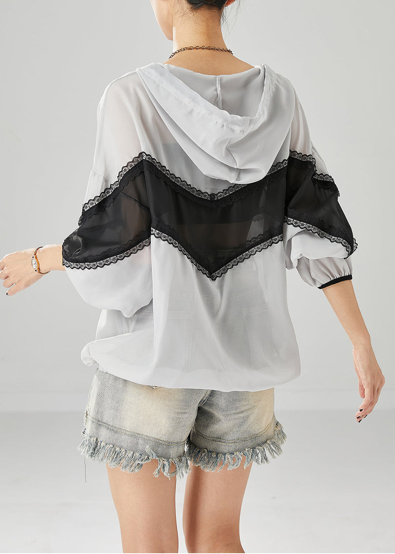 Natural Grey Hooded Patchwork Lace Spandex Upf 50+ Coat Jacket Fall