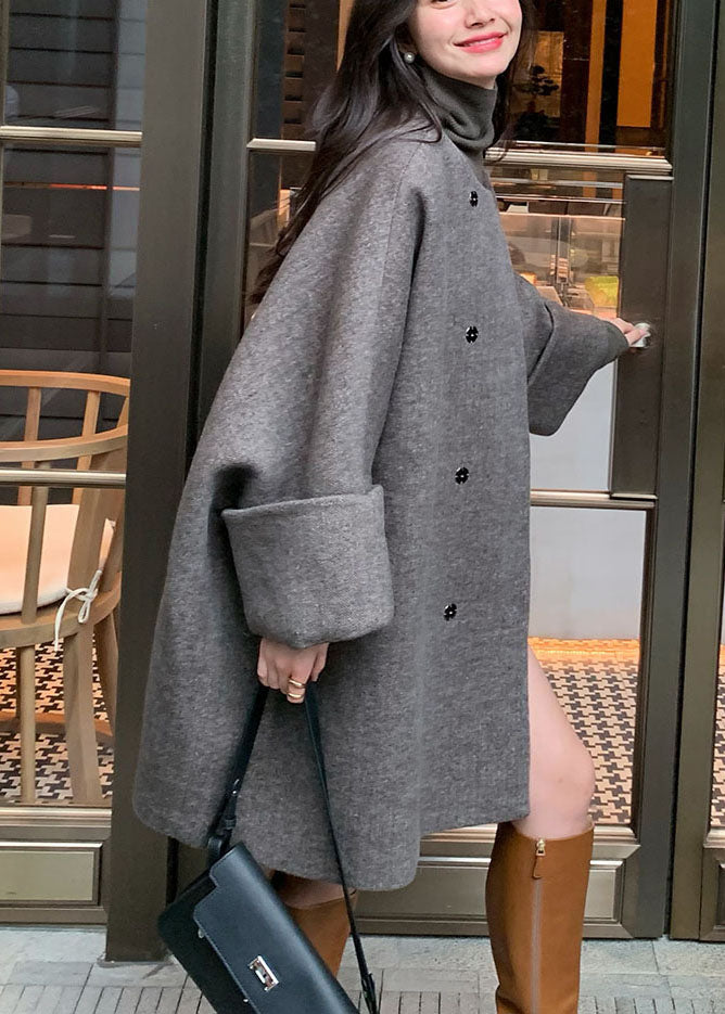 Natural Grey O-neck Button Woolen Mid Coats Fall