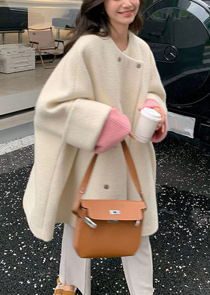 Natural Grey O-neck Button Woolen Mid Coats Fall