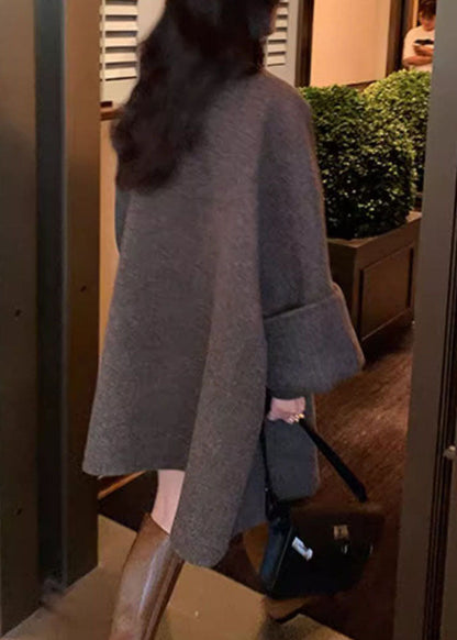 Natural Grey O-neck Button Woolen Mid Coats Fall