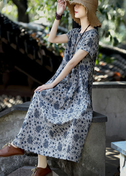 Natural Grey O-neck Patchwork Print Linen Long Dress Short Sleeve