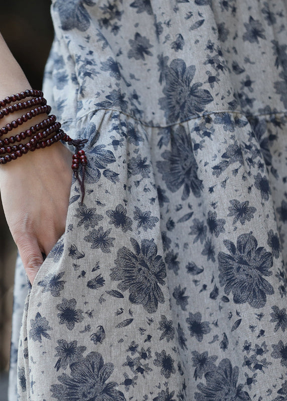 Natural Grey O-neck Patchwork Print Linen Long Dress Short Sleeve