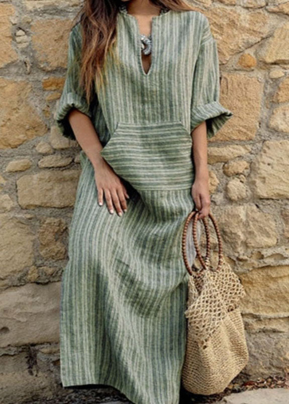 Natural Grey O-neck Striped Patchwork Long Dresses Spring