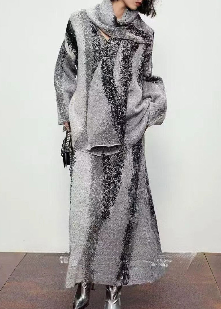Natural Grey Print Wool Cardigan ,scarf and Maxi Skirts Three Piece Set Spring