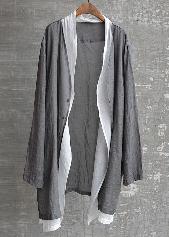 Natural Grey V Neck Button Fake Two Pieces Linen Top Fall