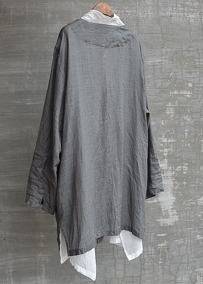 Natural Grey V Neck Button Fake Two Pieces Linen Men Top Fall
