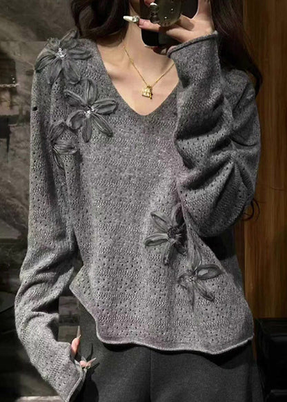 Natural Grey V Neck Cozy Cotton Knit Sweater Spring