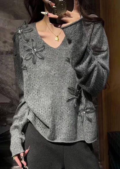 Natural Grey V Neck Cozy Cotton Knit Sweater Spring