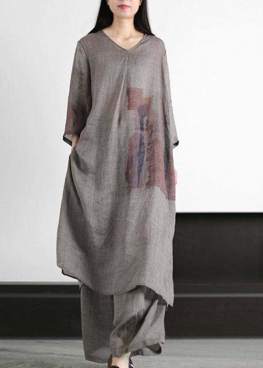 Natural Grey V Neck Side Open Ramie Long Dress and Wide Leg Pants Summer