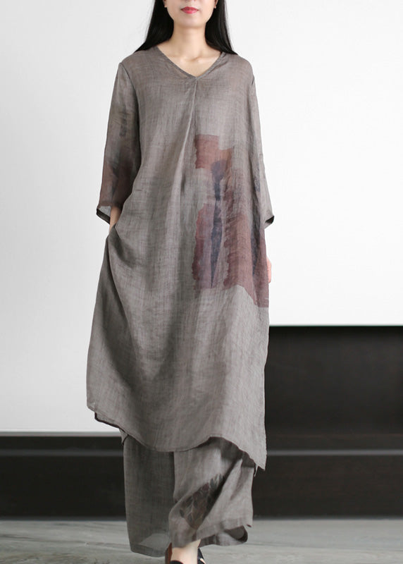 Natural Grey V Neck Side Open Ramie Long Dress and Wide Leg Pants Summer