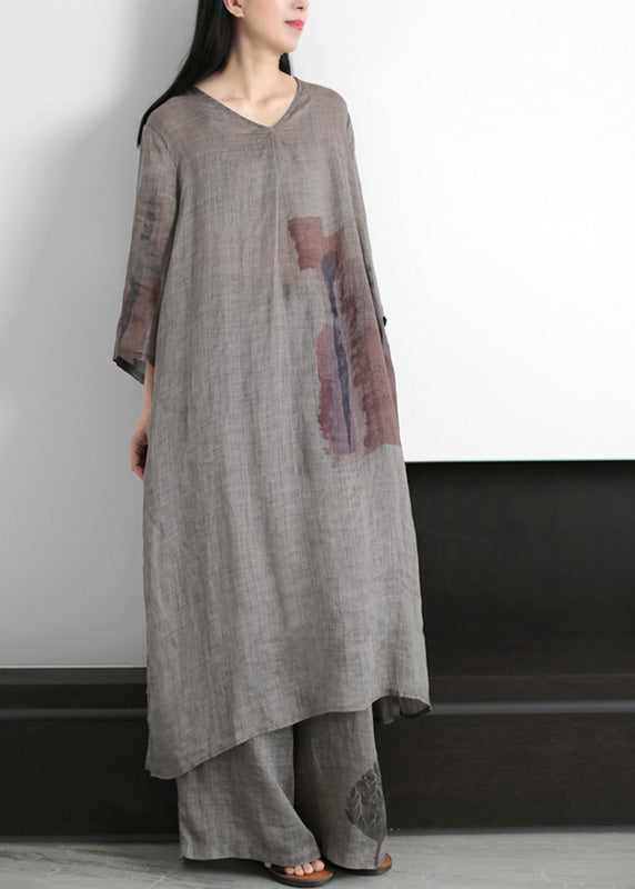 Natural Grey V Neck Side Open Ramie Long Dress and Wide Leg Pants Summer