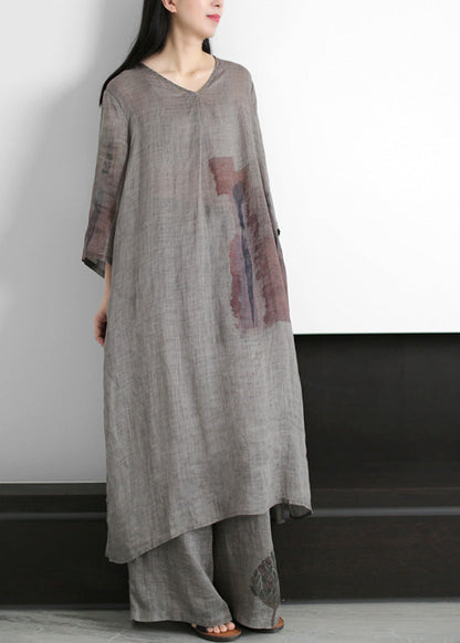 Natural Grey V Neck Side Open Ramie Long Dress and Wide Leg Pants Summer