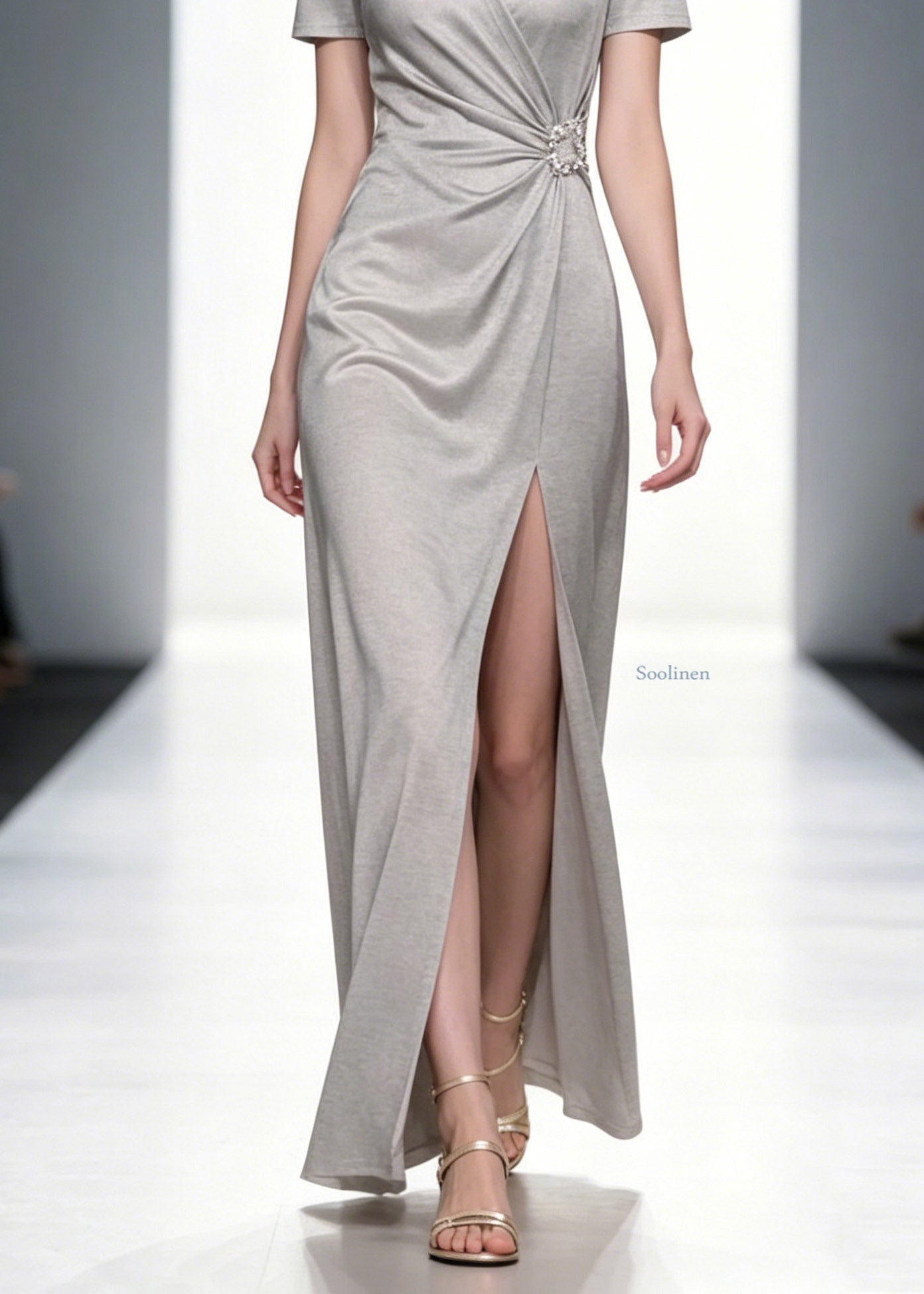 Natural Grey V Neck Wrinkled Long Dresses Summer