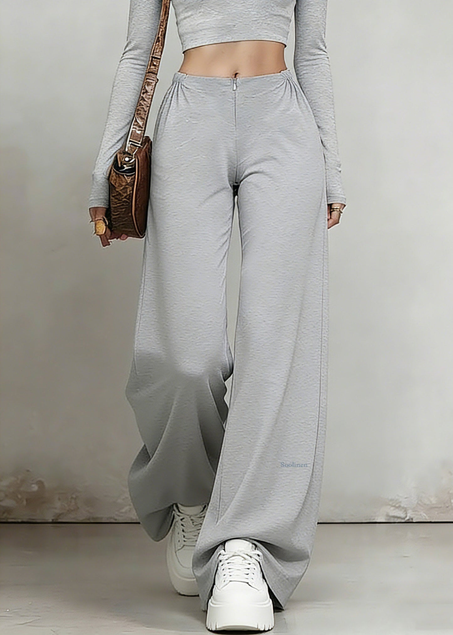 Natural Grey Wrinkled High Waist Wide Leg Pants Summer