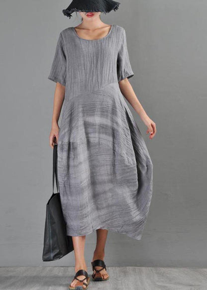 Natural Grey Asymmetrical Design Cotton Linen Long Dress Summer