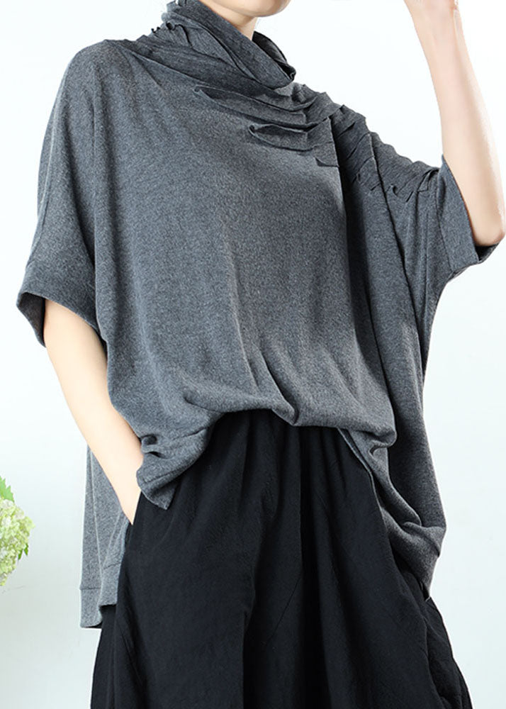 Natural Grey Tasseled Asymmetrical Design Spring Tops Half Sleeve