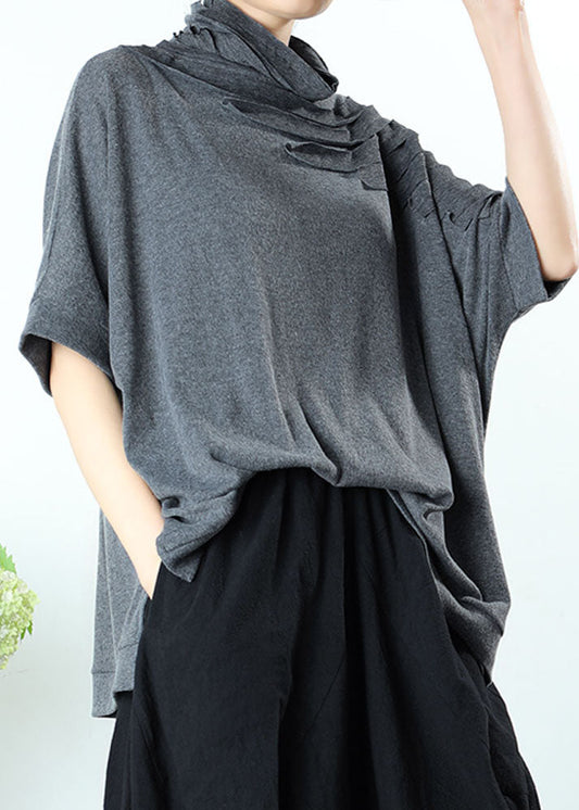 Natural Grey Tasseled Asymmetrical Design Spring Tops Half Sleeve