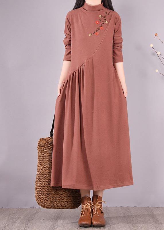 Natural High Neck Cinched Spring Tunic Fabrics Brown Embroidery a Line Dress