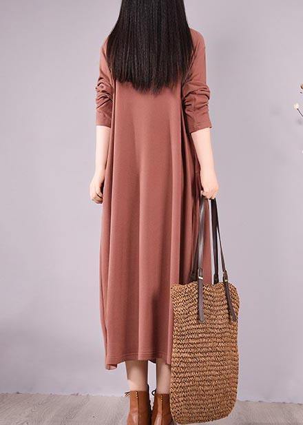 Natural High Neck Cinched Spring Tunic Fabrics Brown Embroidery a Line Dress
