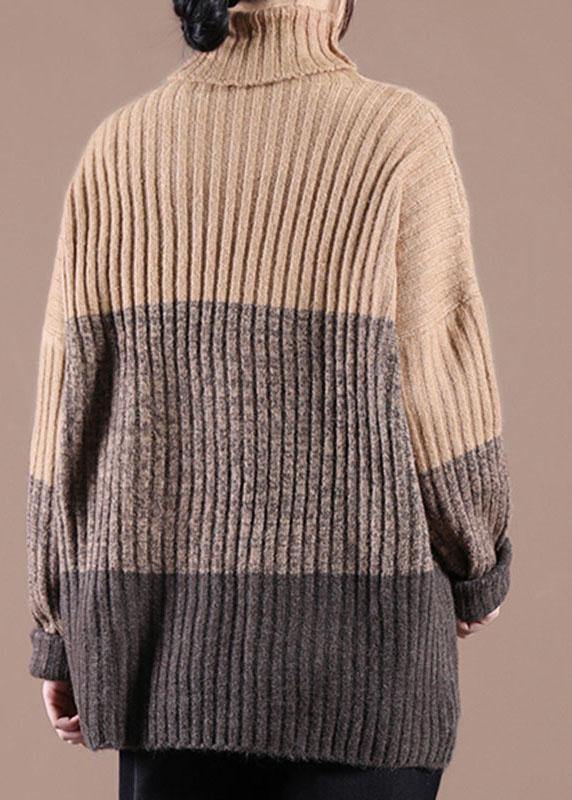 Natural Khaki Colorblock High Neck Fall Knit Sweater