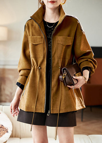 Natural Khaki Drawstring Zippered Coats Spring