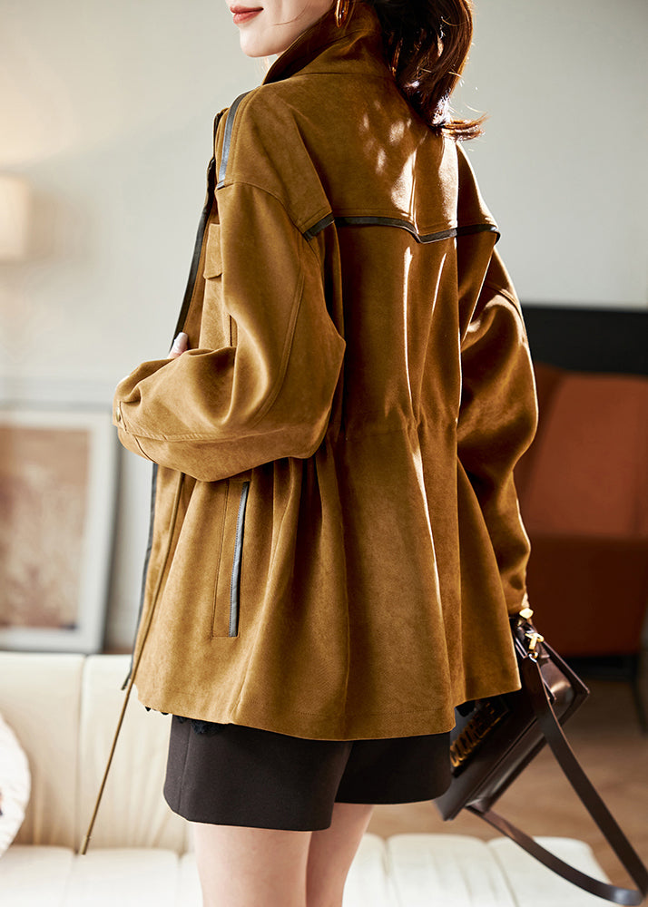 Natural Khaki Drawstring Zippered Coats Spring