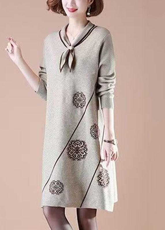 Natural Khaki Peter Pan Collar Cotton Knit Long Weater Dress Spring