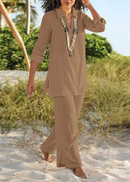 Natural Khaki Peter Pan Collar Shirt and Wide Leg Pants Two Pieces Set Fall