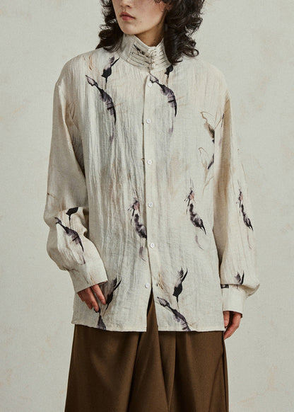 Natural Khaki Stand Collar Button T Shirts Lantern Sleeve