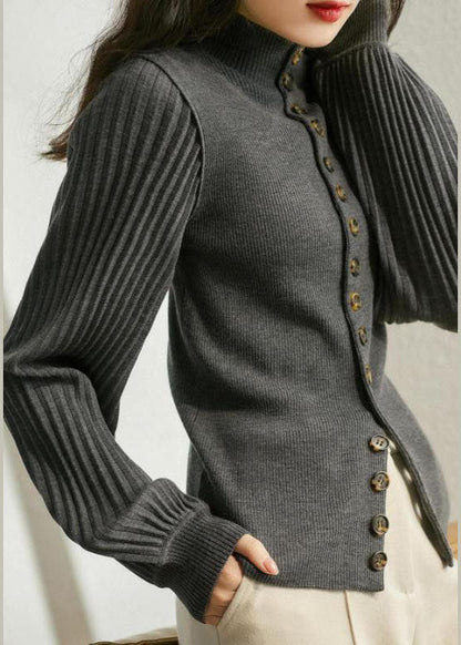 Natural Khaki Retro Button Lantern Sleeve Slim Fit Fall Sweater