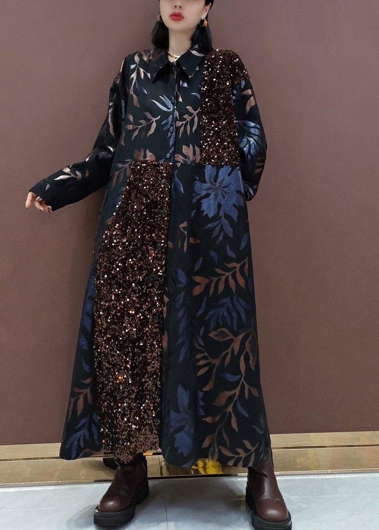 Natural Lapel Patchwork Spring Clothes Ideas Black Sequined Maxi Dress