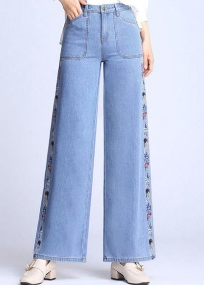 Natural Light Blue Embroideried Pockets Draping Cotton Straight Pants Spring