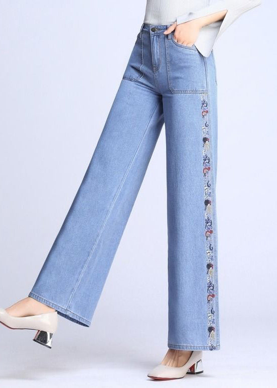 Natural Light Blue Embroideried Pockets Draping Cotton Straight Pants Spring