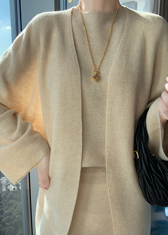 Natural Light Camel V Neck Woolen Cardigan Waistcoat and Wide Leg Pants Three Piece Set Spring
