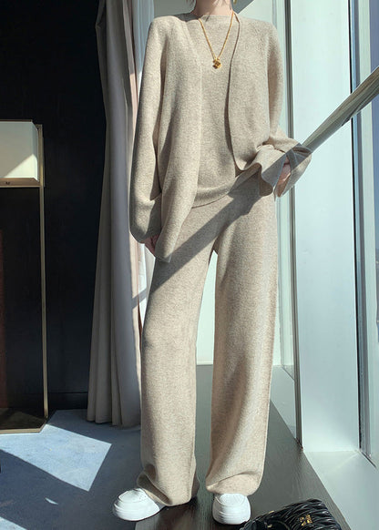 Natural Light Camel V Neck Woolen Cardigan Waistcoat and Wide Leg Pants Three Piece Set Spring